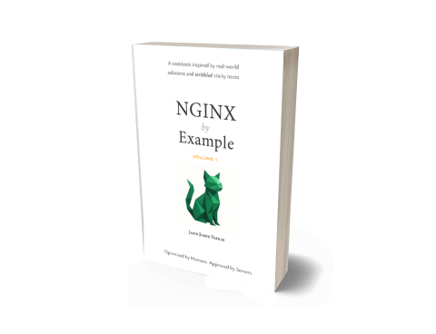 3D-rendered book cover of "NGINX by Example Volume 1" with a green origami-style fox and the tagline “Optimized by Humans, Approved by Servers"