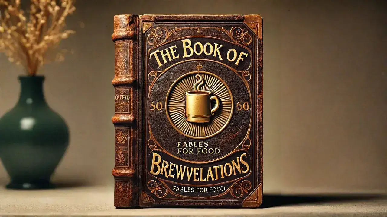 Vintage-style book titled 'The Book of Brewvelations', featuring a golden coffee mug on its cover.
