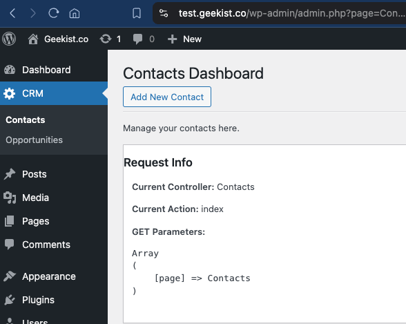 Screenshot of a WordPress CRM plugin dashboard listing contacts with a request info debug section