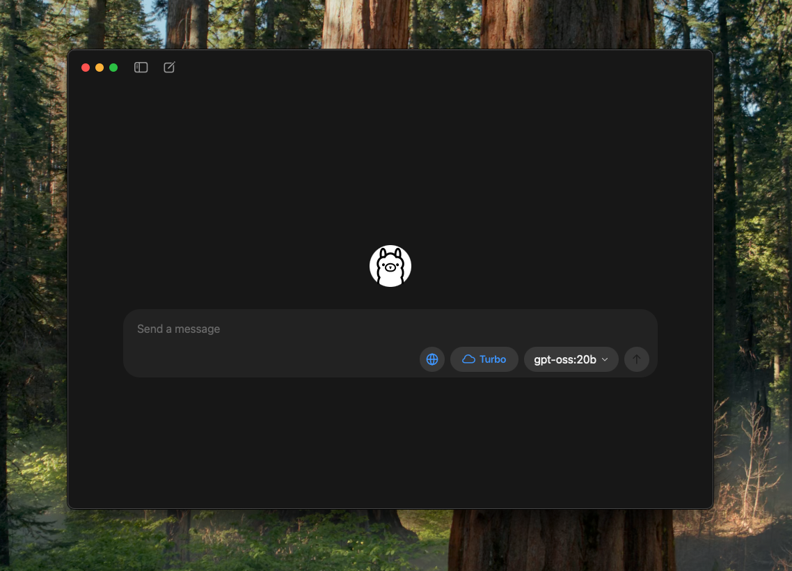 Ollama desktop app – chat window with model selection Ollama desktop app showing a dark window with the llama logo centred and a message input field at the bottom